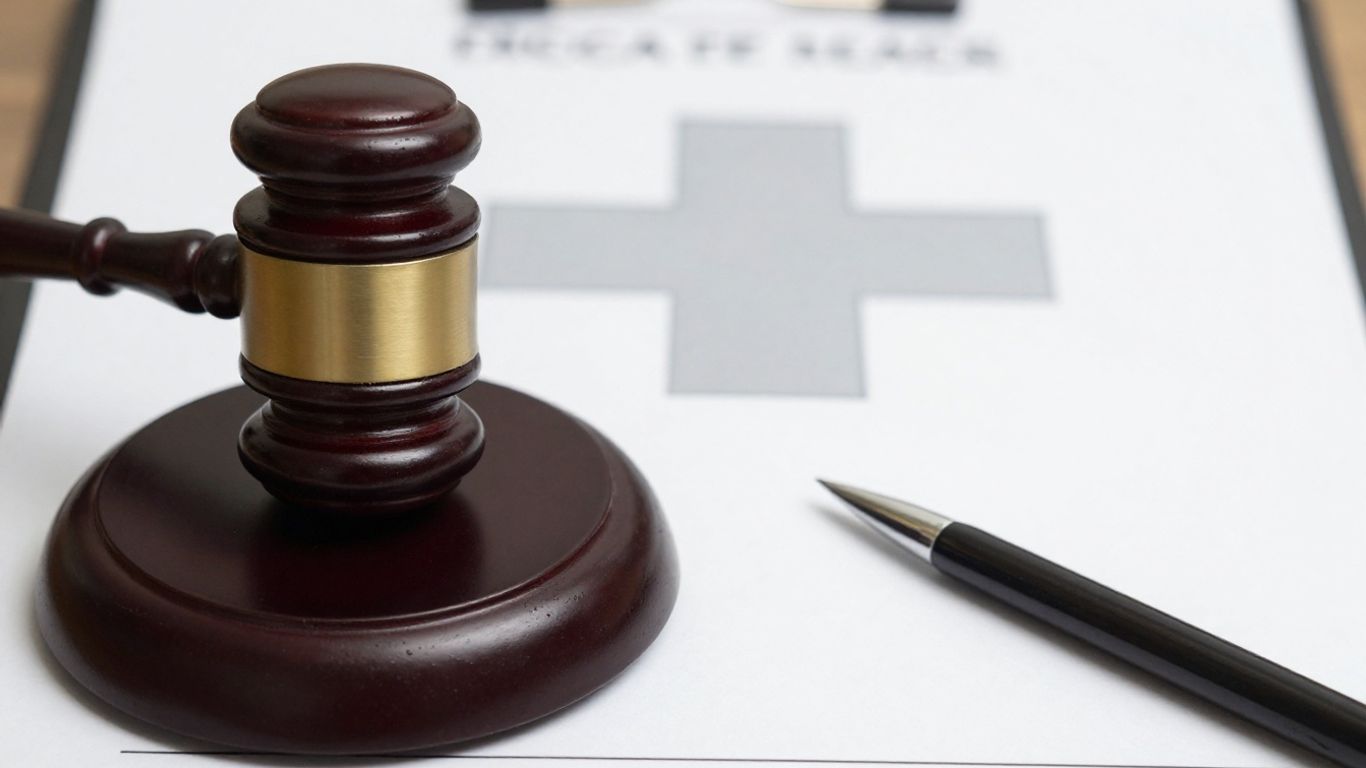Gavel striking document, medical cross background.