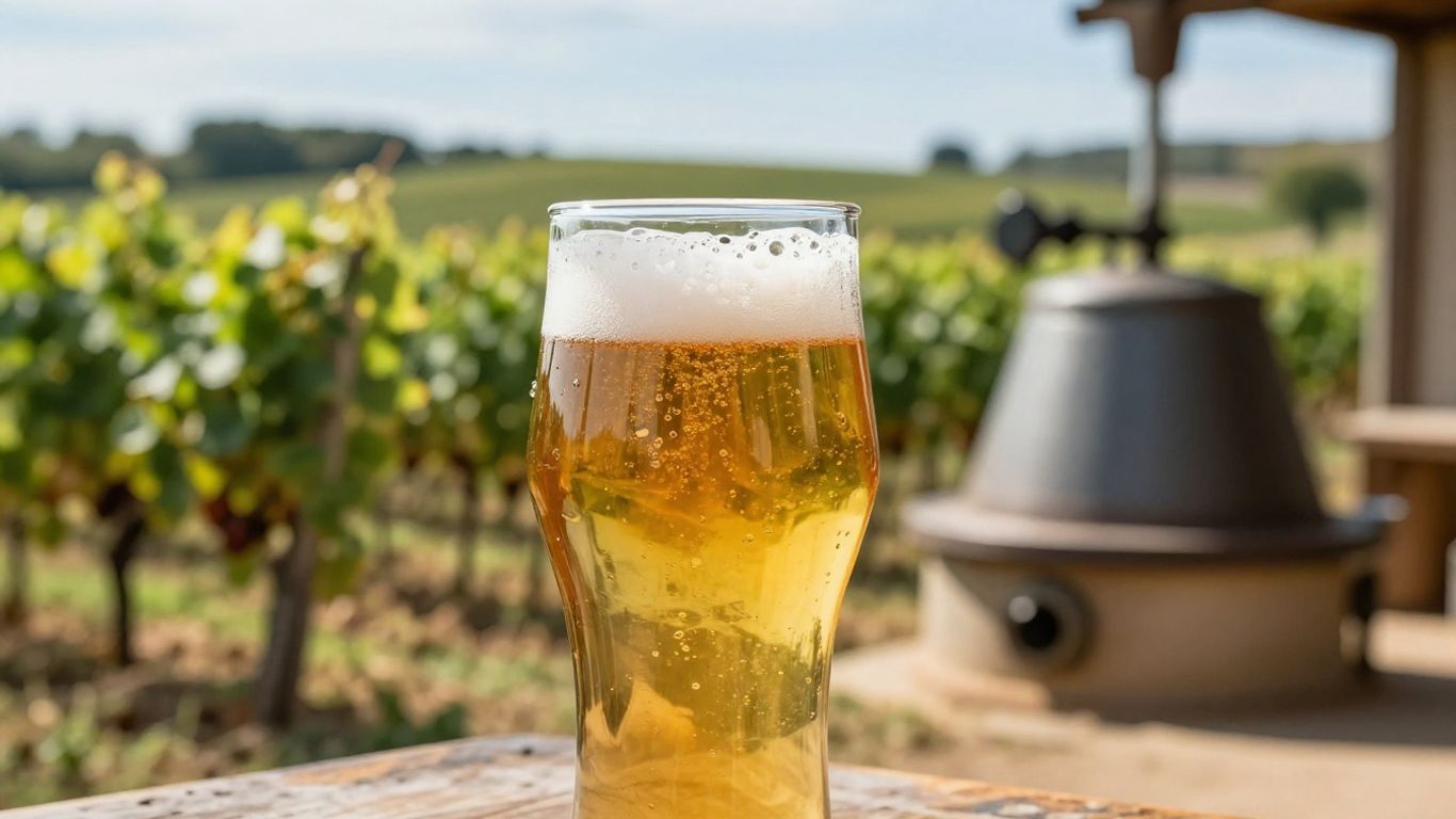Craft beer glass with frothy head, Occitanie brewery background.