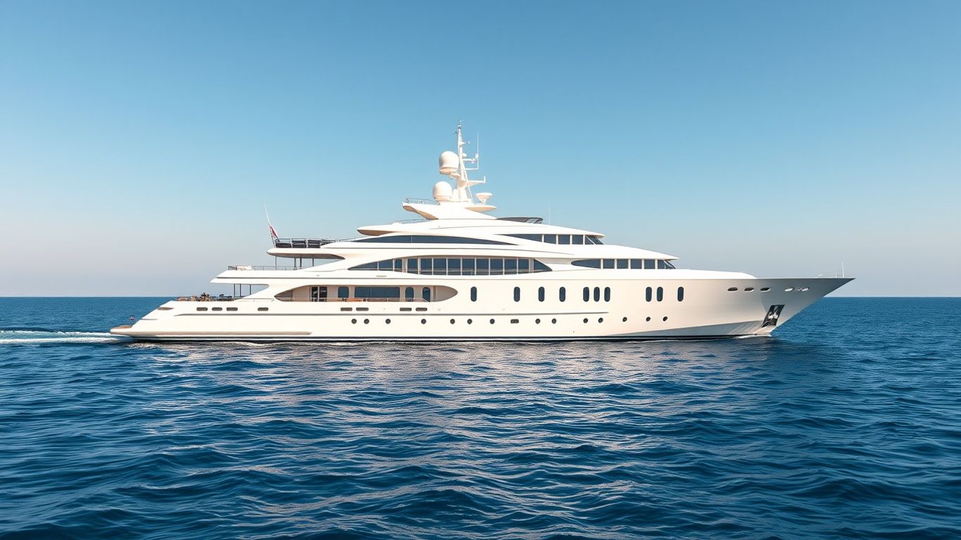 Luxurious Russian superyacht on calm blue water.