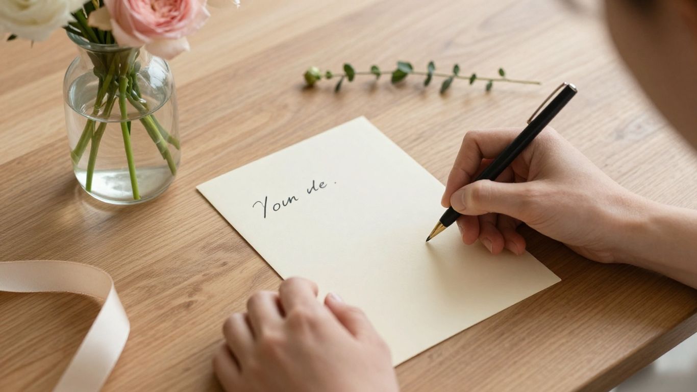 Hands writing a comforting note beside fresh flowers
