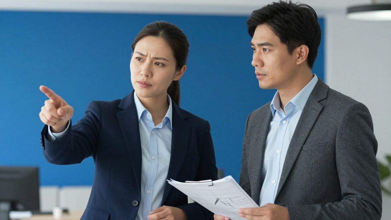 Zwei Personen besprechen Baupläne in einem Büro.