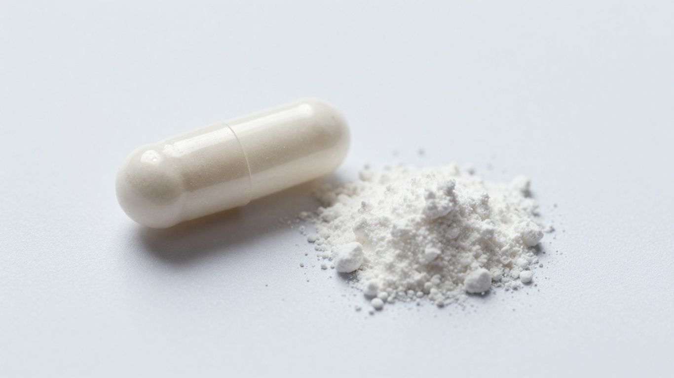 White supplement pill and powder on a light surface.
