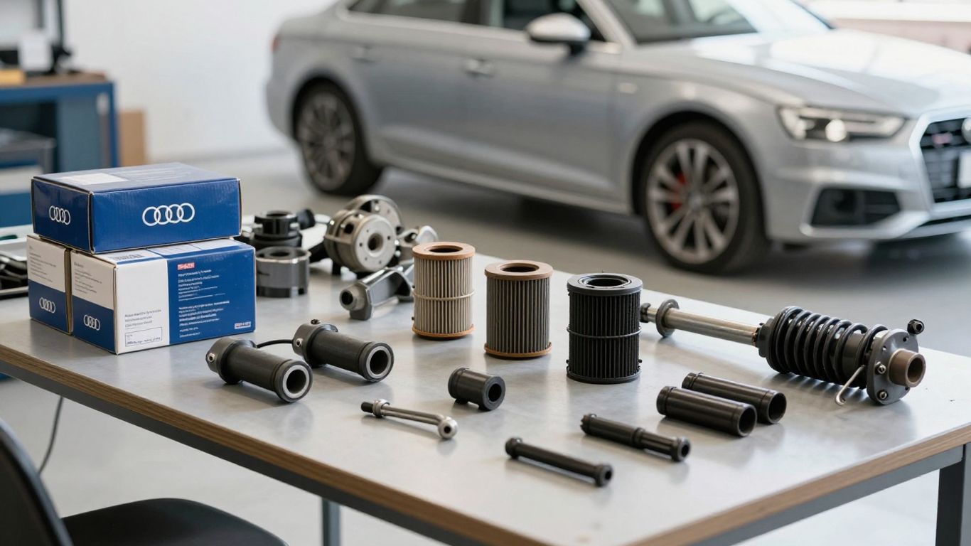 Audi parts arranged beside a vehicle
