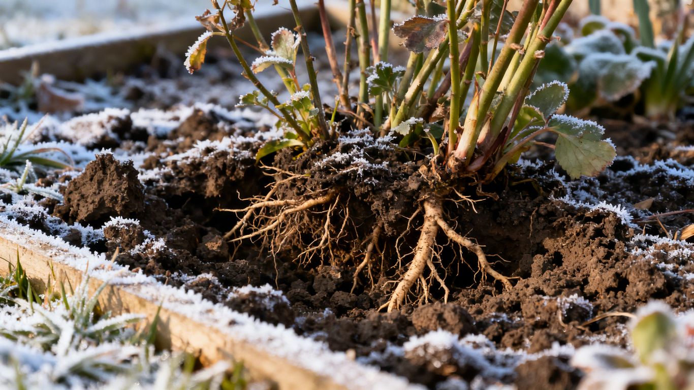 Lifted perennial plants and frost heave damage in a garden.