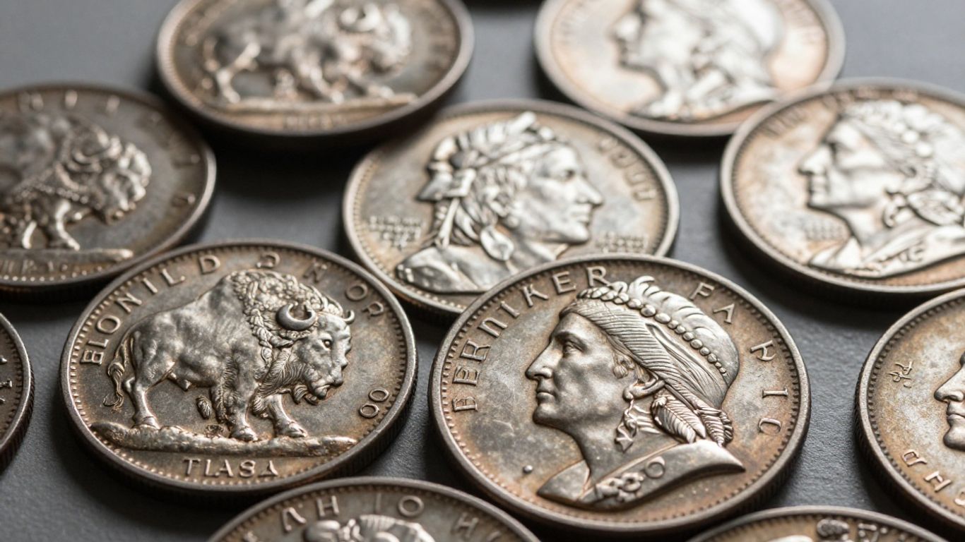Buffalo nickels with bison and Native American profiles.