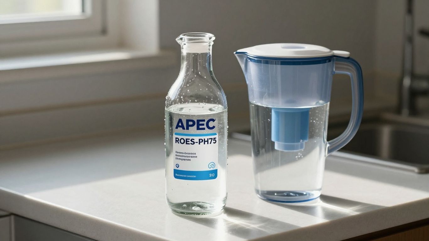 APEC ROES-PH75 mineral drops bottle next to water filter pitcher.