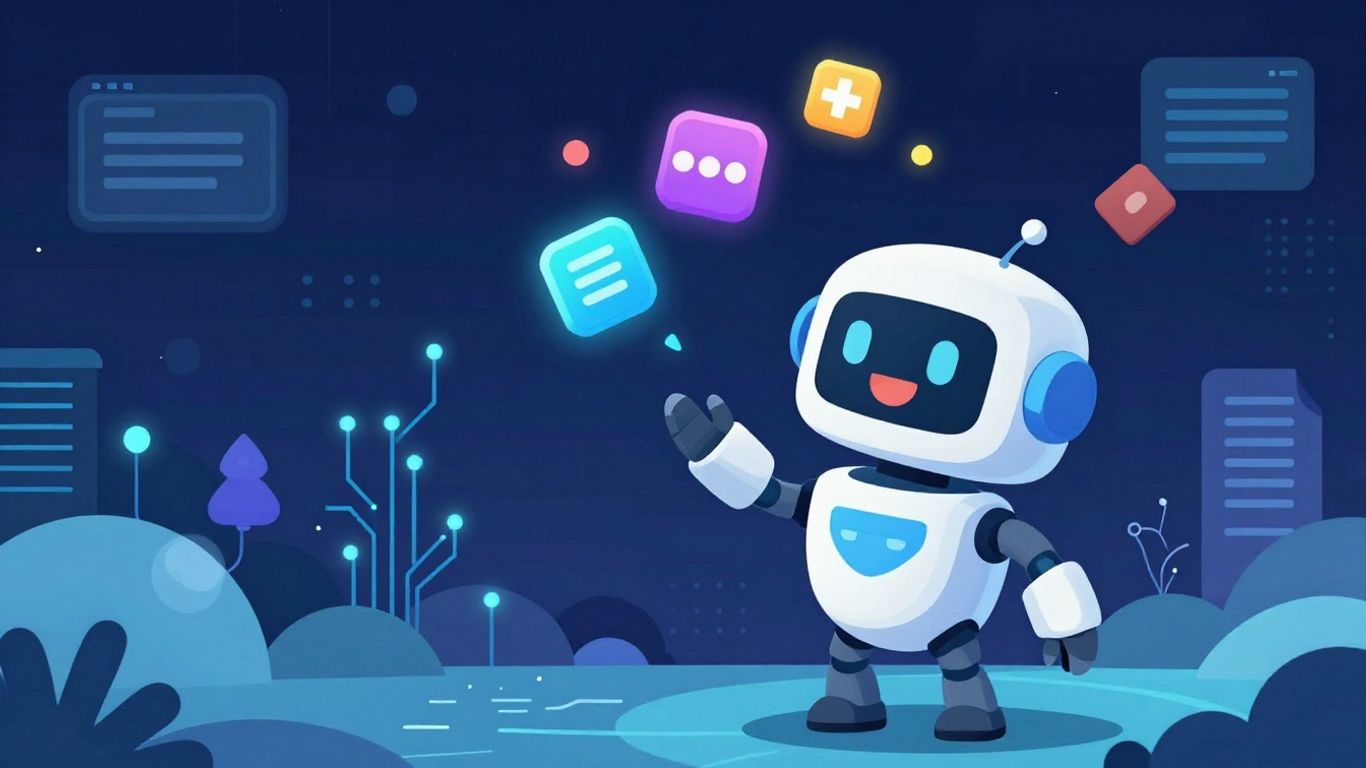 Illustrative game-like scene of AI web design with a robot.