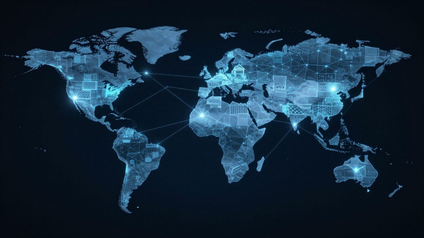 Blockchain network connecting global supply chains visually.