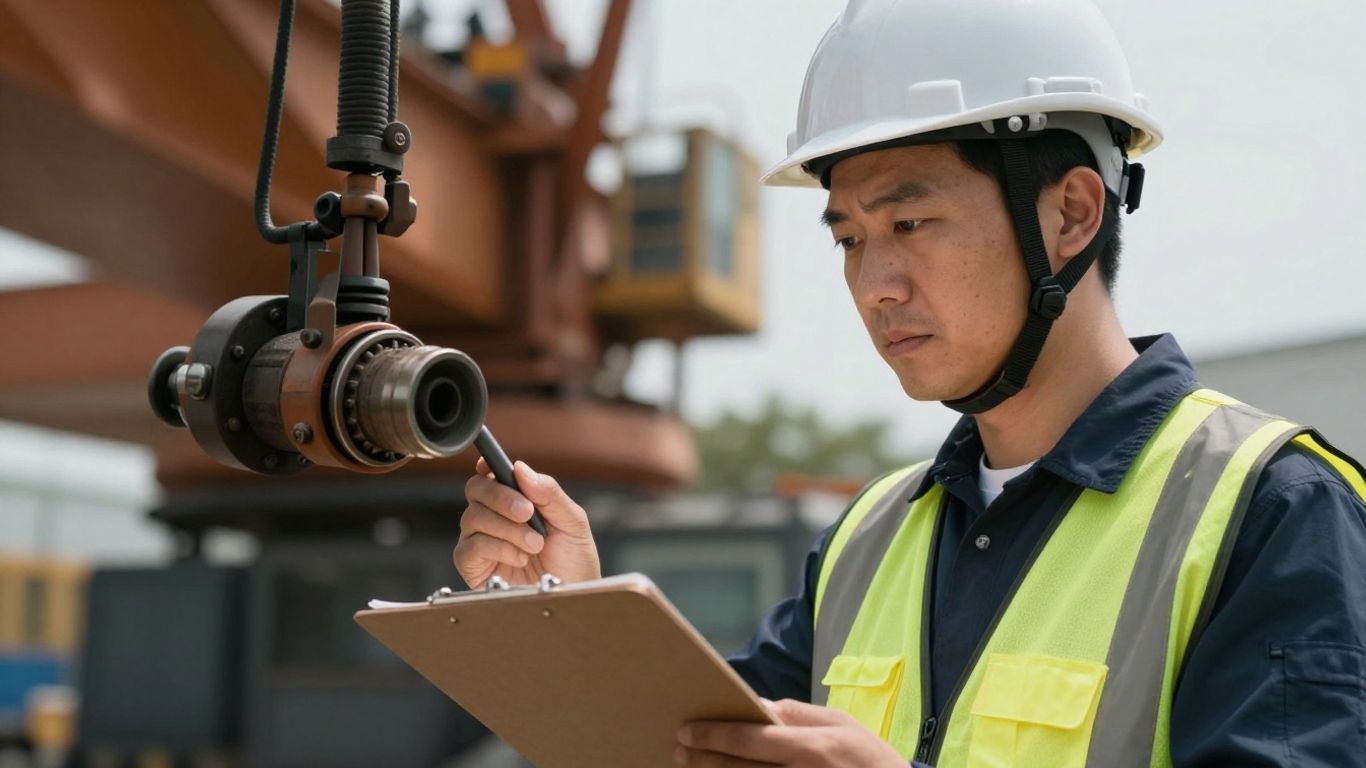 Crane inspector examining heavy machinery