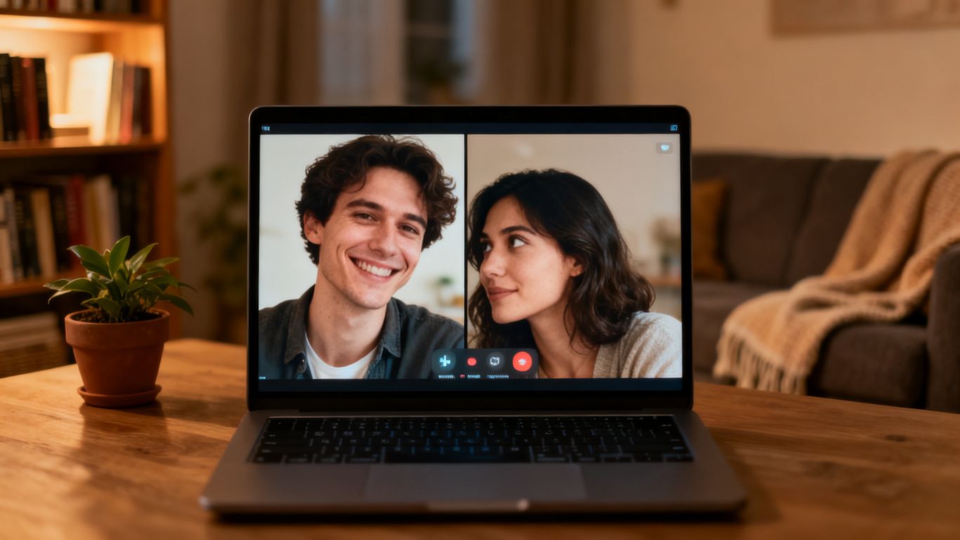 Couple connecting via video call, showing love despite distance.