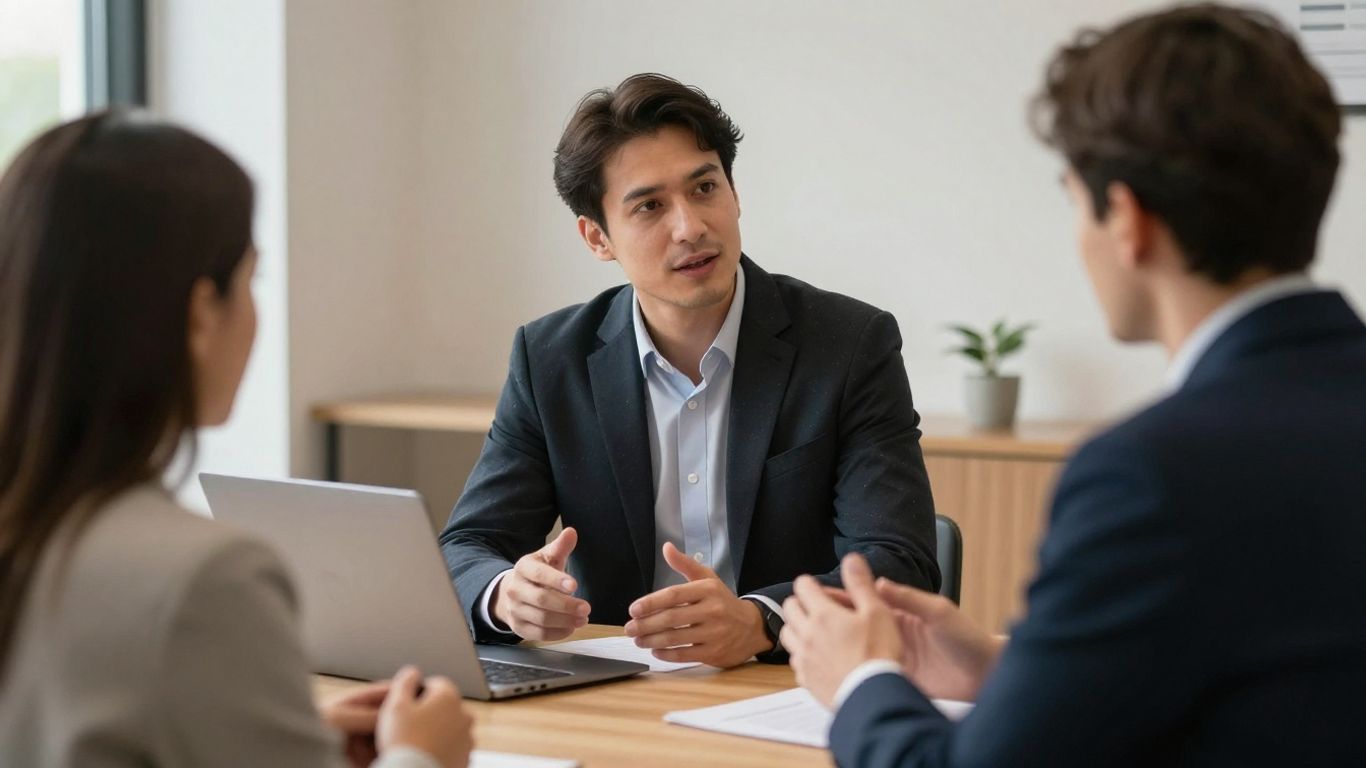 Salesperson and client in a decisive, time-sensitive interaction.