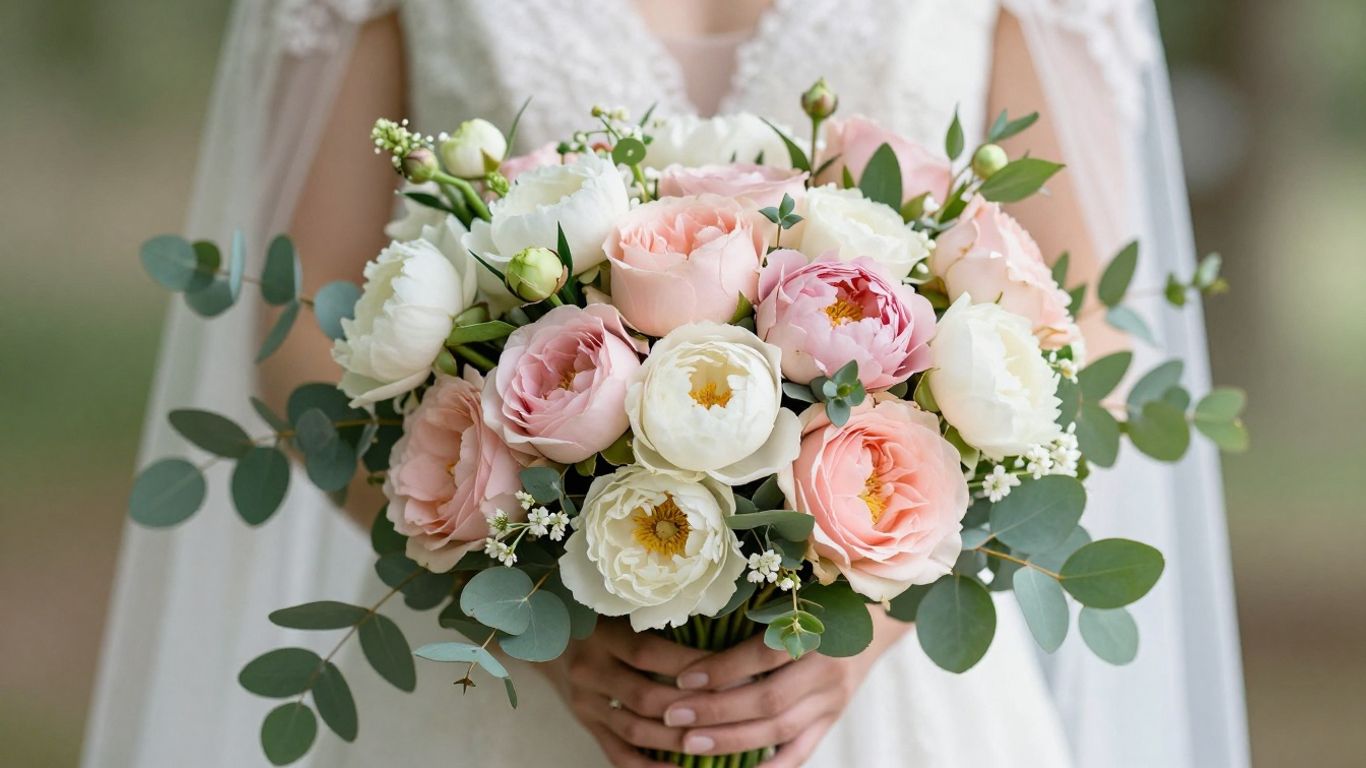 Wedding flower bouquet with roses and peonies.