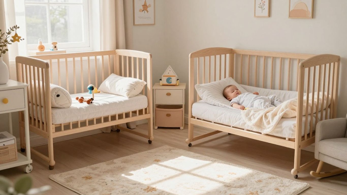 Habitación de bebé acogedora con cuna y luz suave.