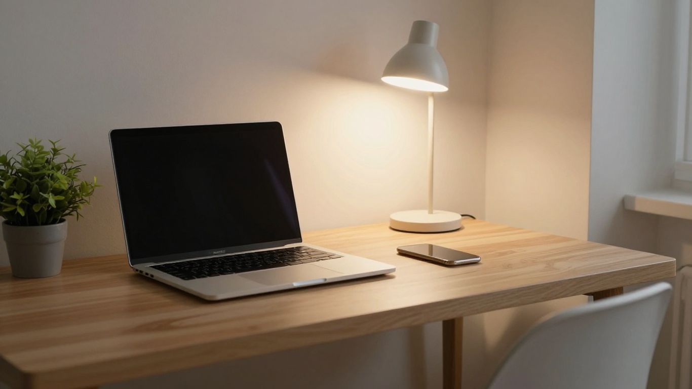 Schreibtisch mit Tageslichtlampe am Morgen