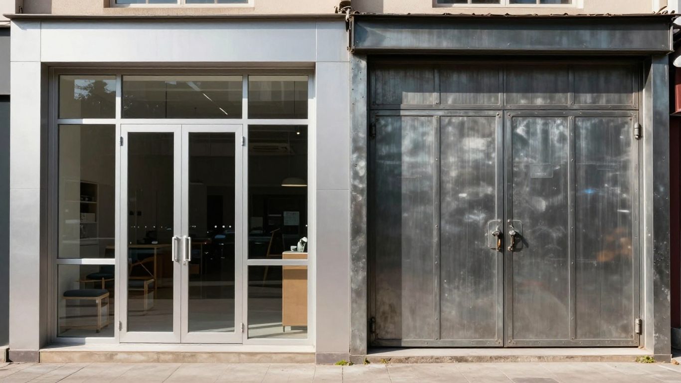 Aluminium and steel shopfront doors side-by-side.
