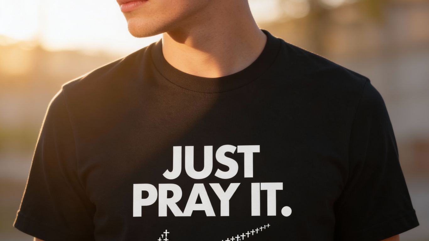 A person wears a black t-shirt with the words 