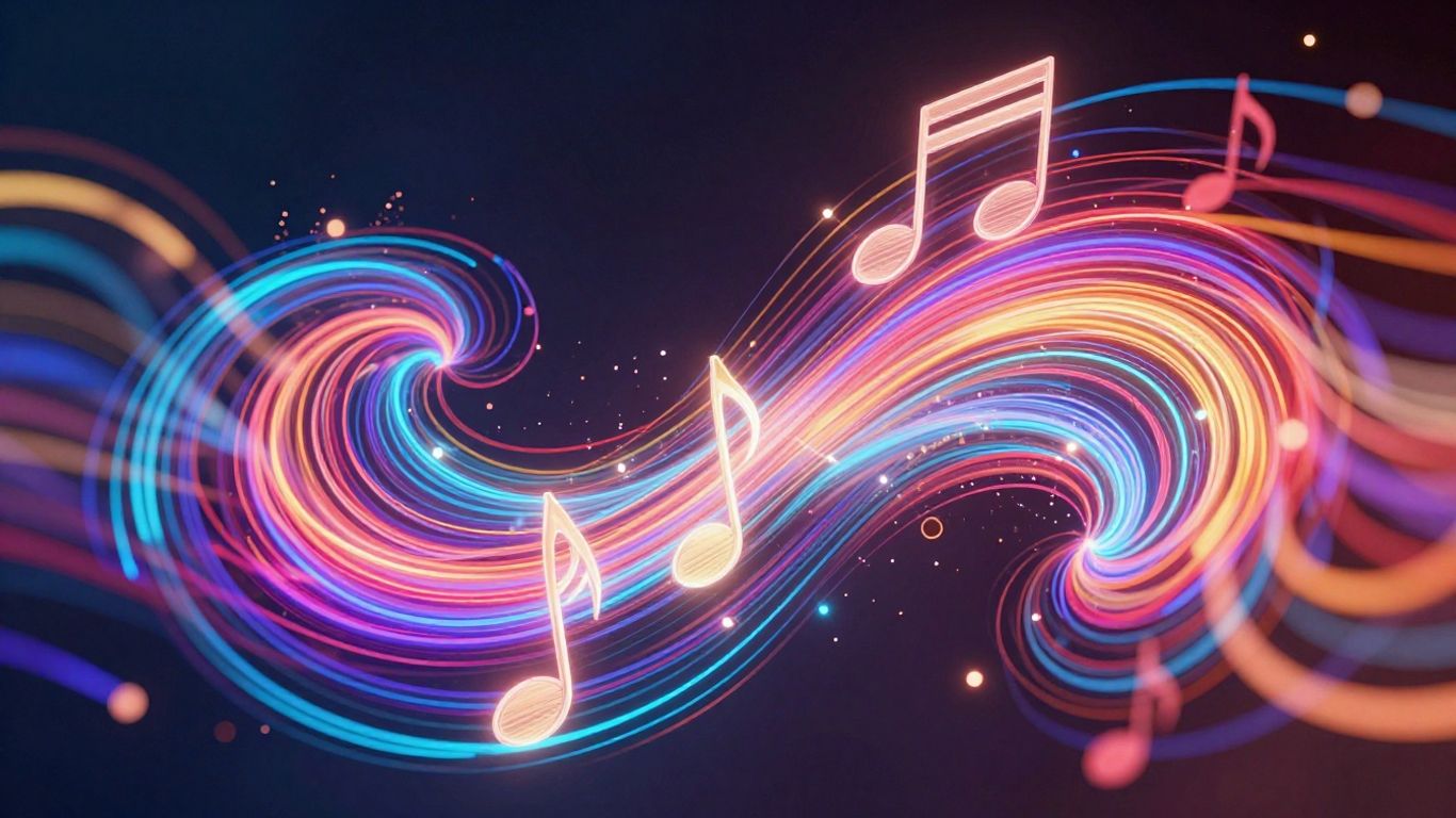 AI-generated abstract visuals with musical notes.