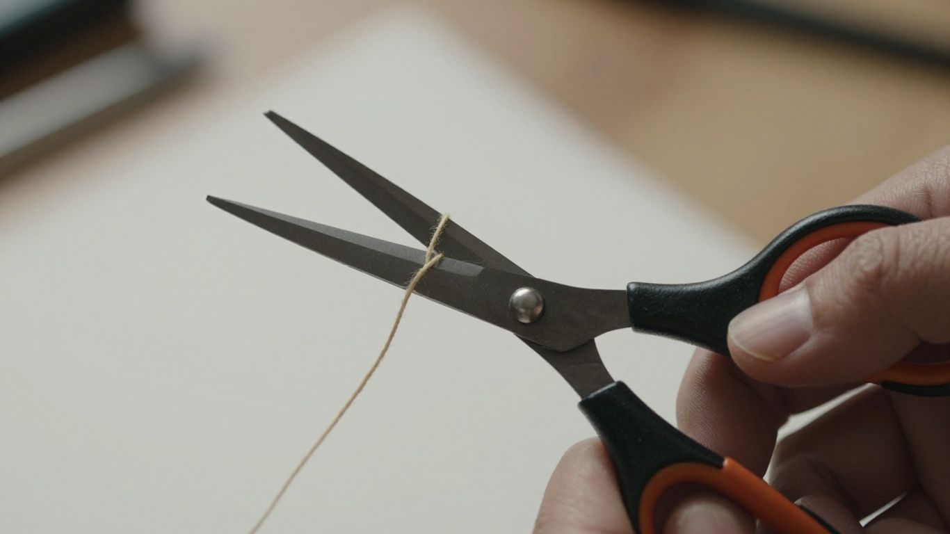 Ciseaux coupant une ficelle emmêlée pour élaguer le contenu.