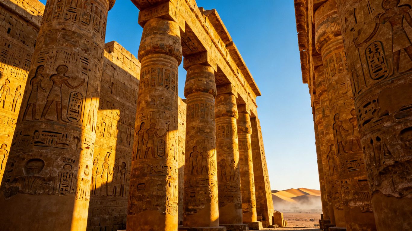 Ancient Egyptian temple columns and hieroglyphs under a blue sky.