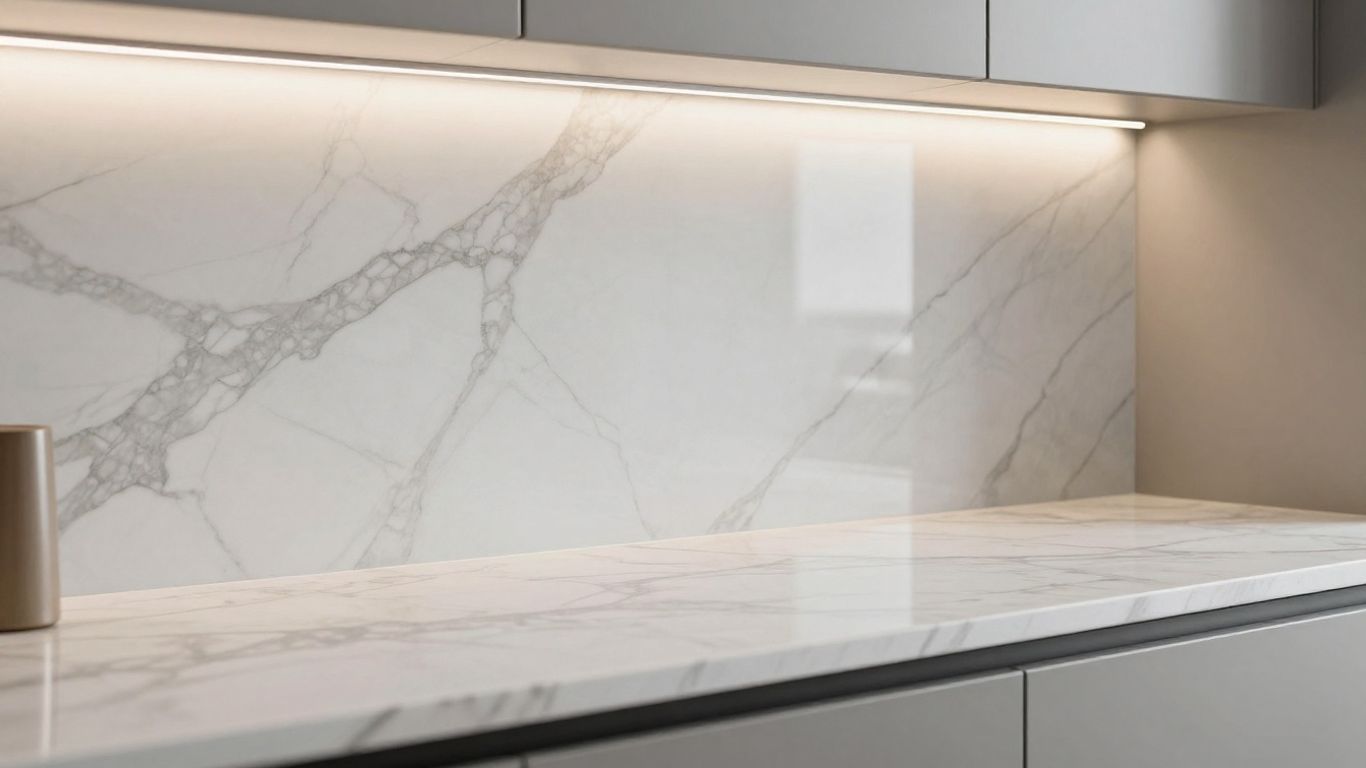 Kitchen marble splashback with elegant veining.