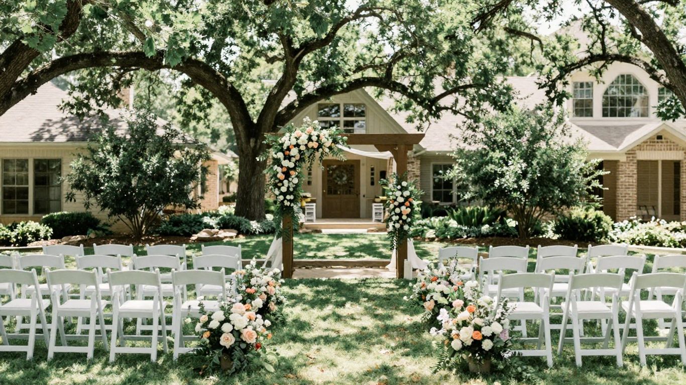 Intimate micro wedding venue with greenery and floral arch.
