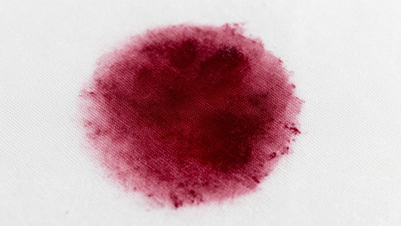 Red wine stain set permanently into white fabric fibers.