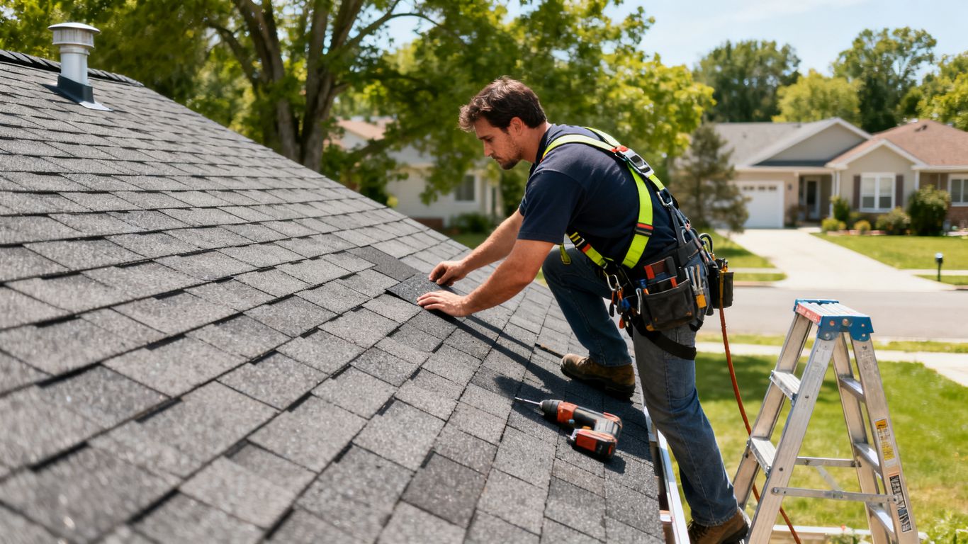 Roofing contractor inspecting a residential roof