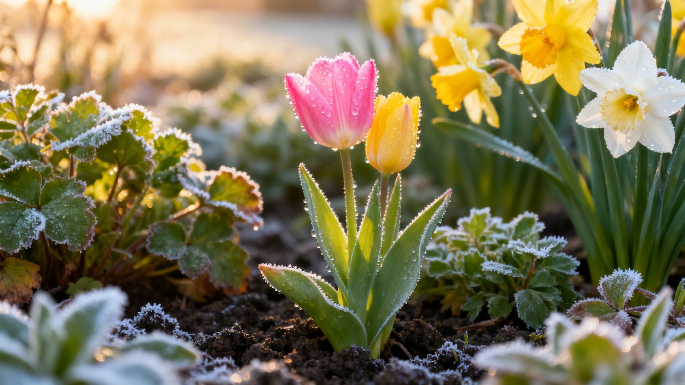Spring perennials blooming in a garden after frost.
