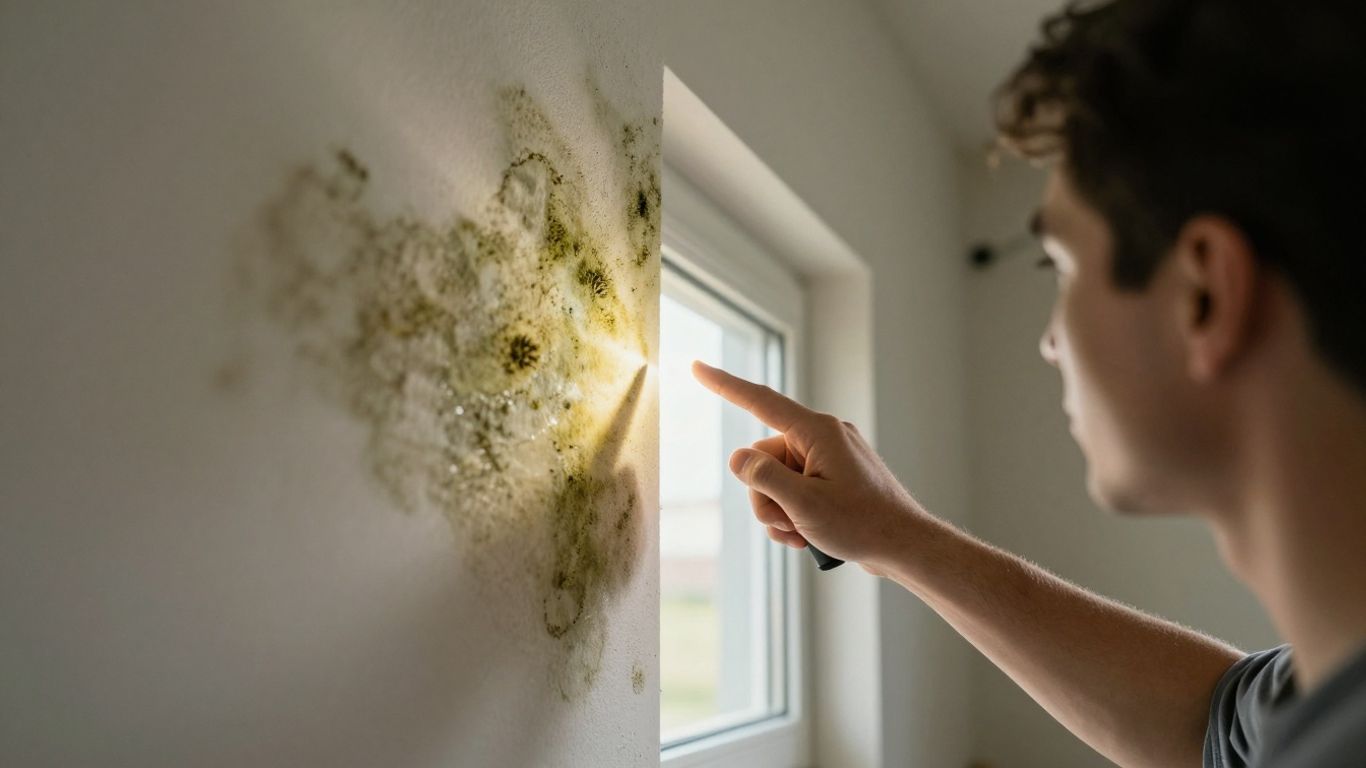 Homeowner inspecting mold damage on a wall.