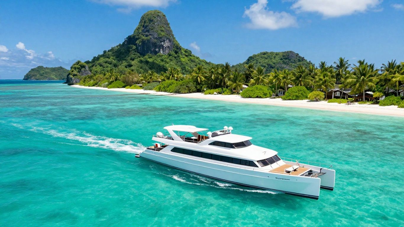 Catamaran sailing in turquoise waters near BVI islands.