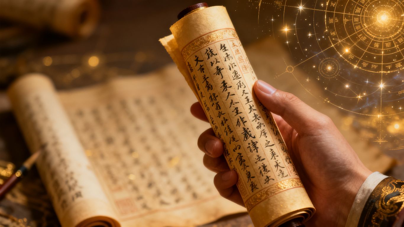 手持命書的特寫，背景模糊