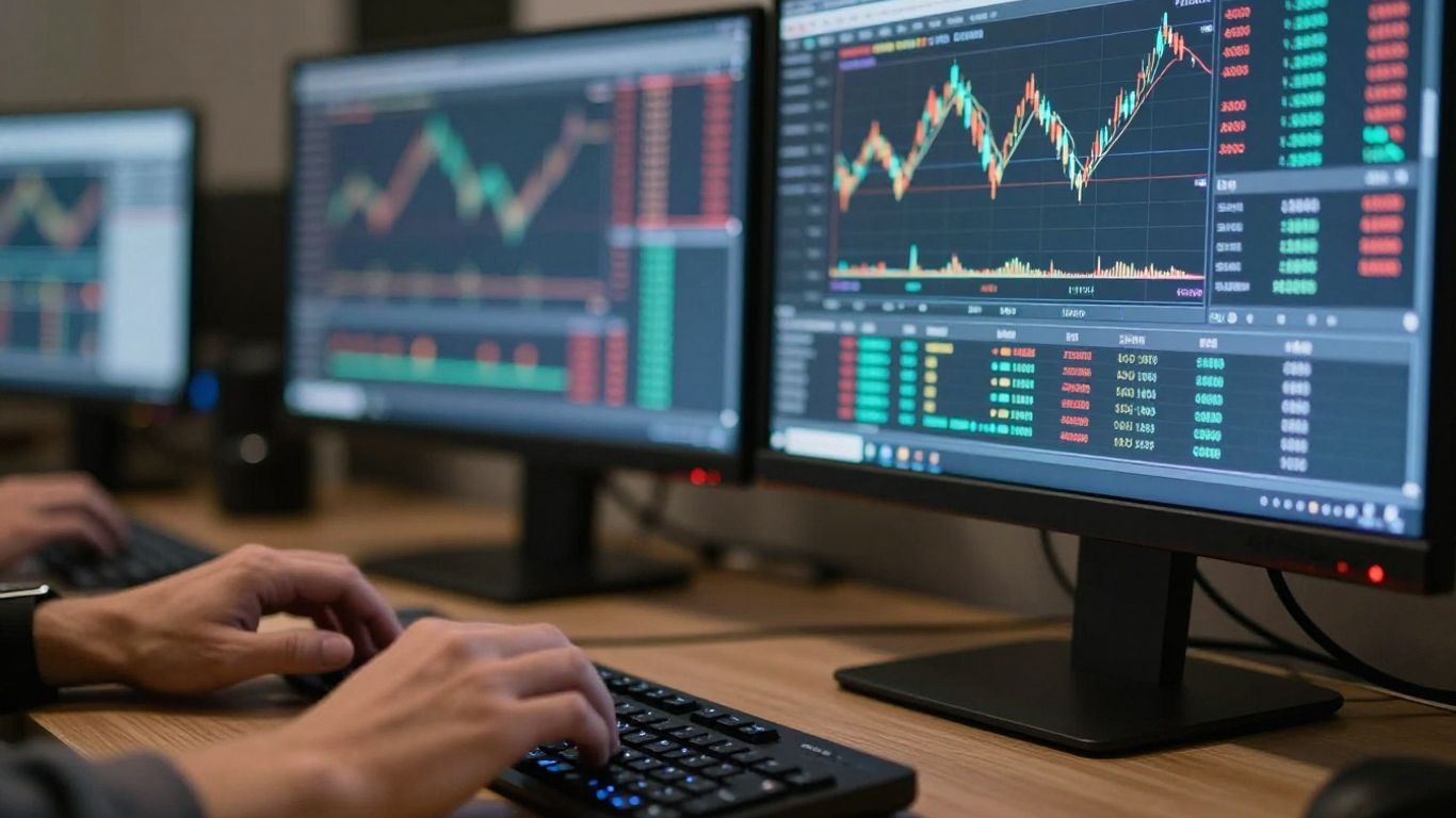 Modern trading desk with multiple monitors and keyboard.
