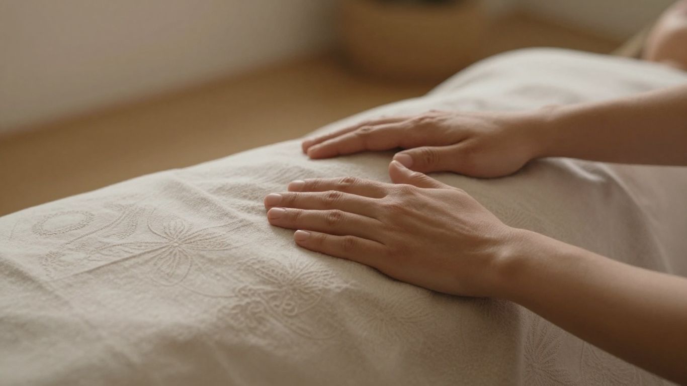 Mains en position de Reiki, ambiance paisible et lumineuse.