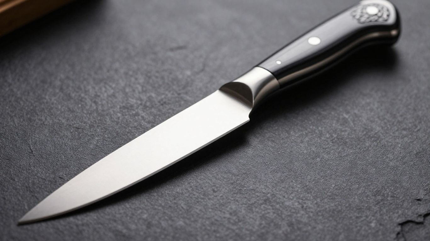 Gleaming high-end chef's knife with detailed handle.