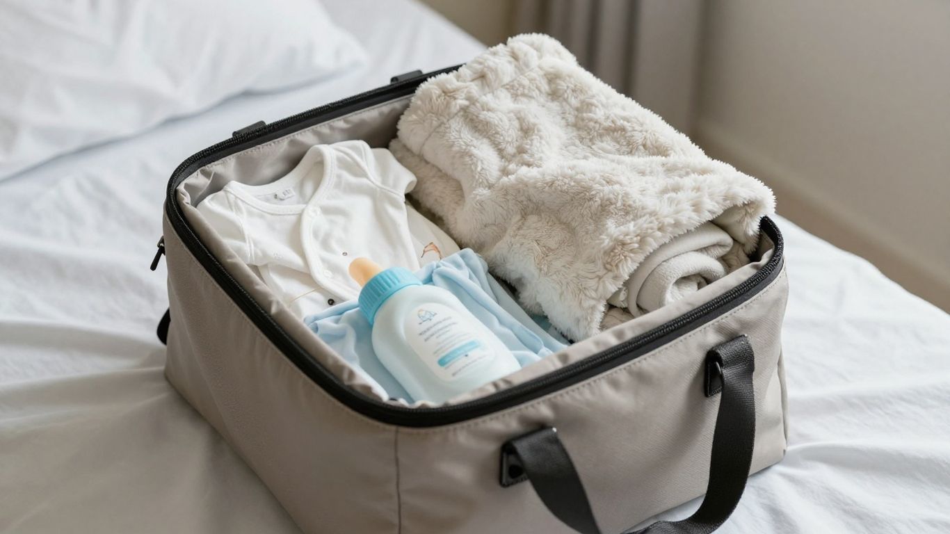 Hospital bag packed with baby clothes and essentials.