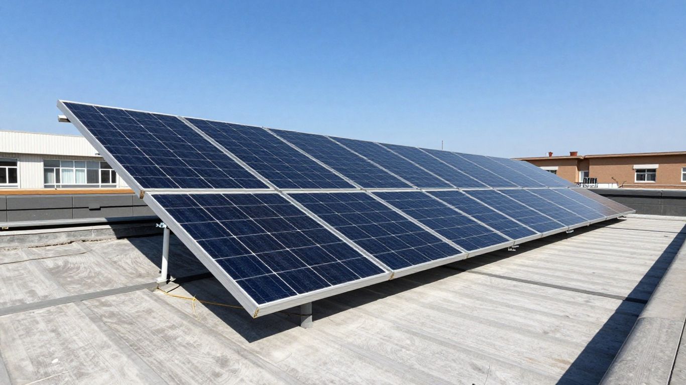 Panneaux solaires sur un toit sous un ciel bleu.
