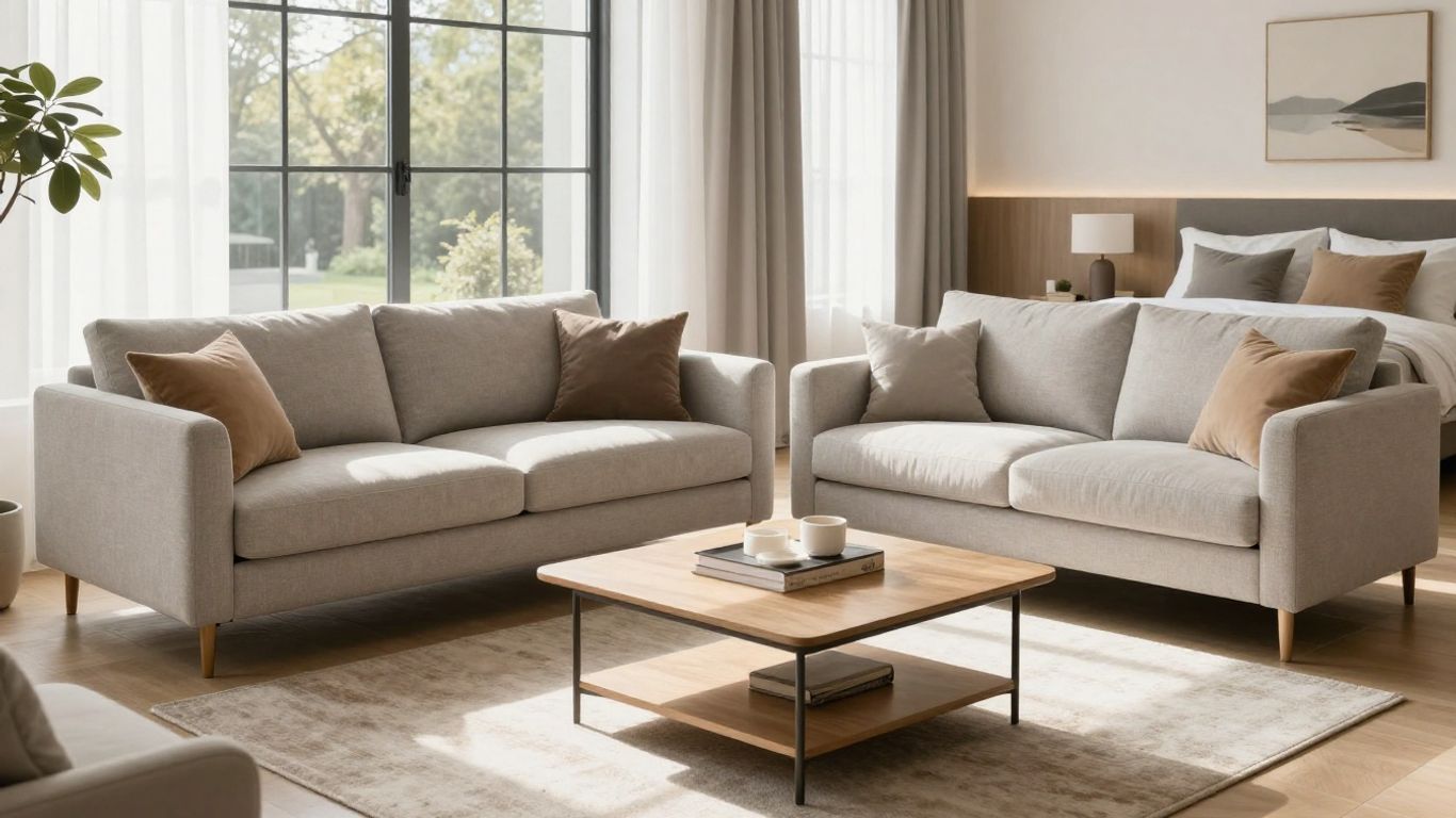 Stylish furniture in a modern Seattle Airbnb living room.