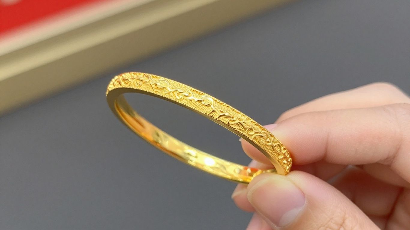 Main d'une personne tenant un bracelet en or brillant.