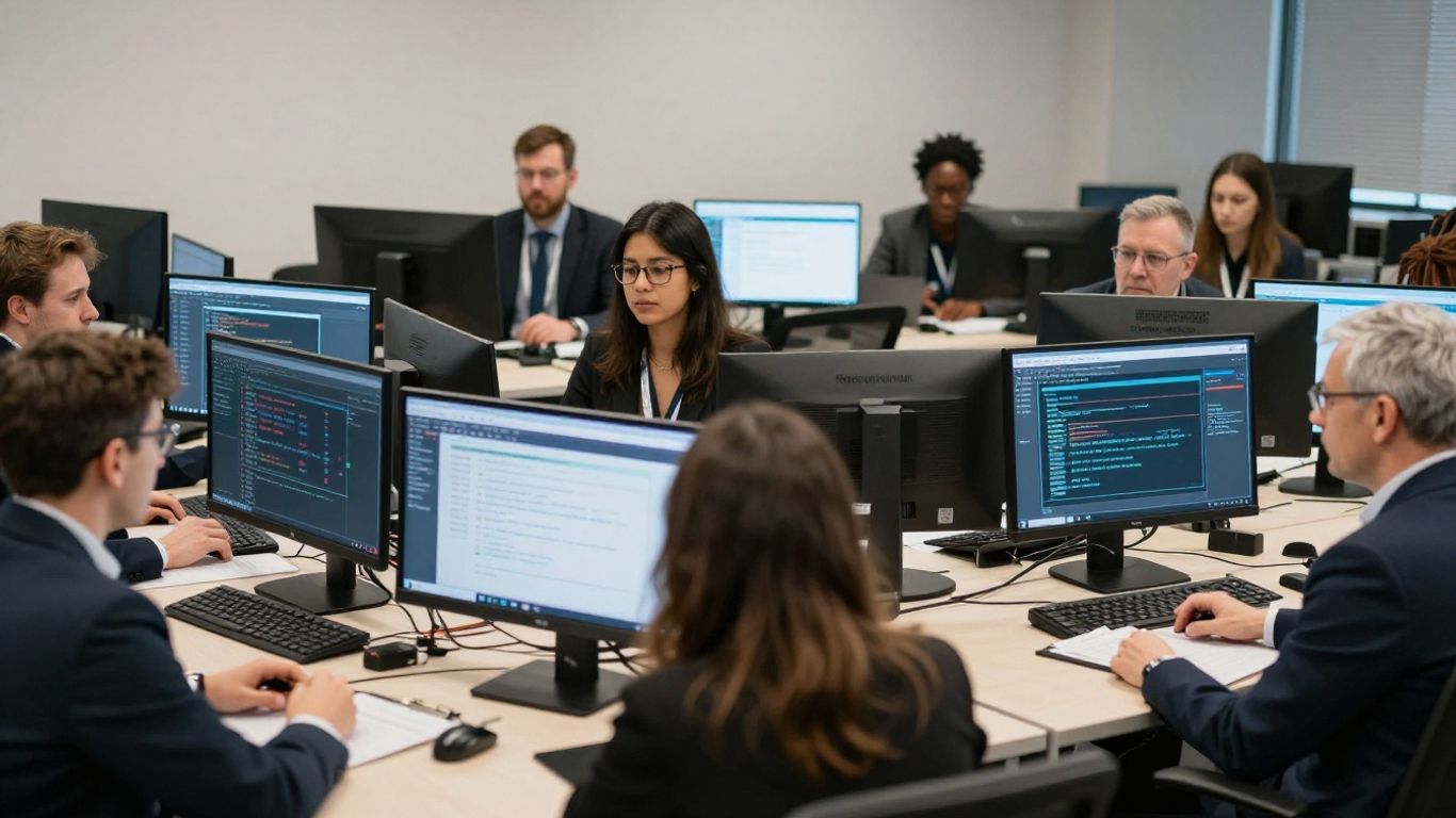 Business people learning about cybersecurity in a modern office.
