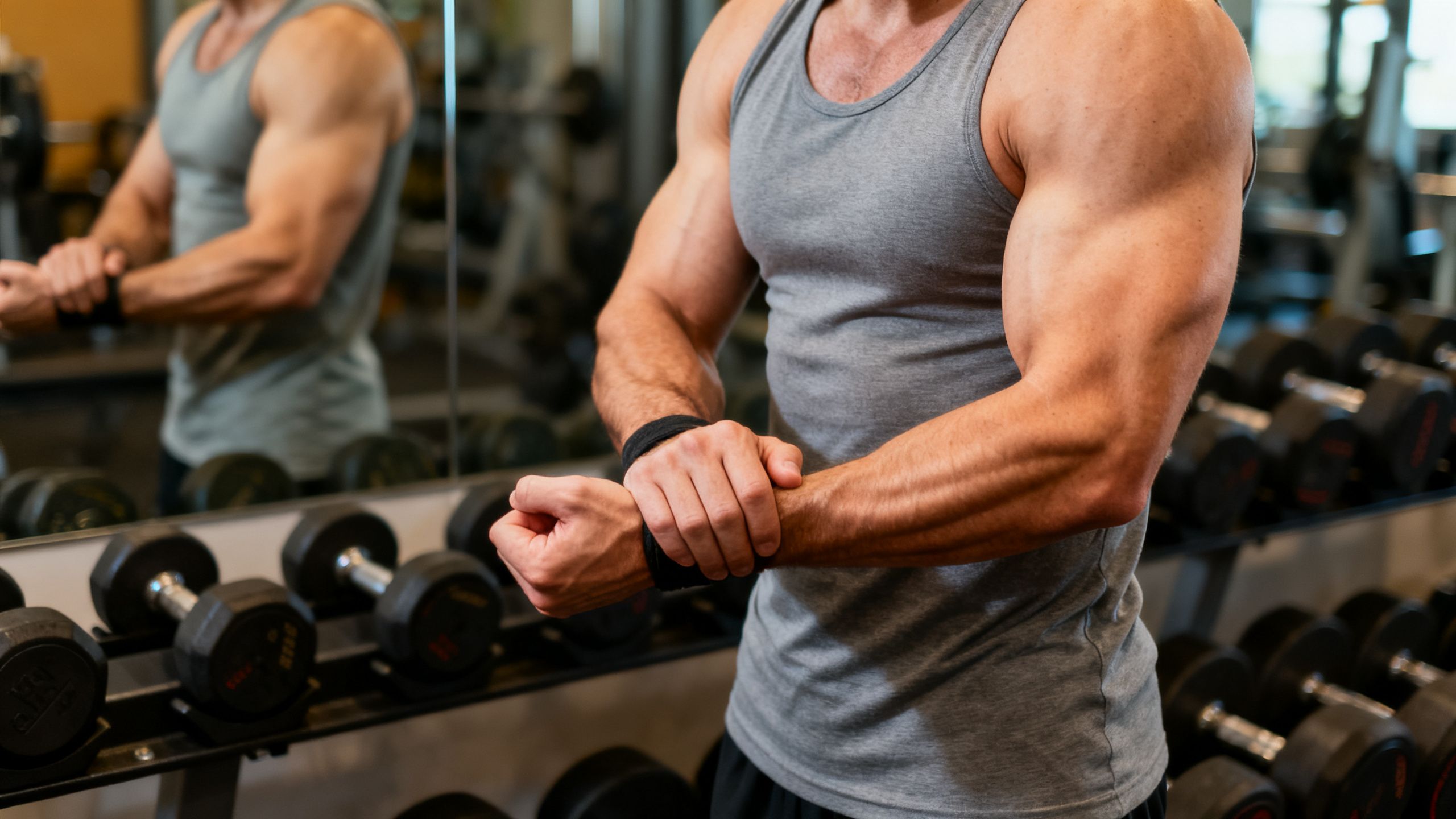 A muscular man in a gym, flexing his wrists and showing full range of motion without pain