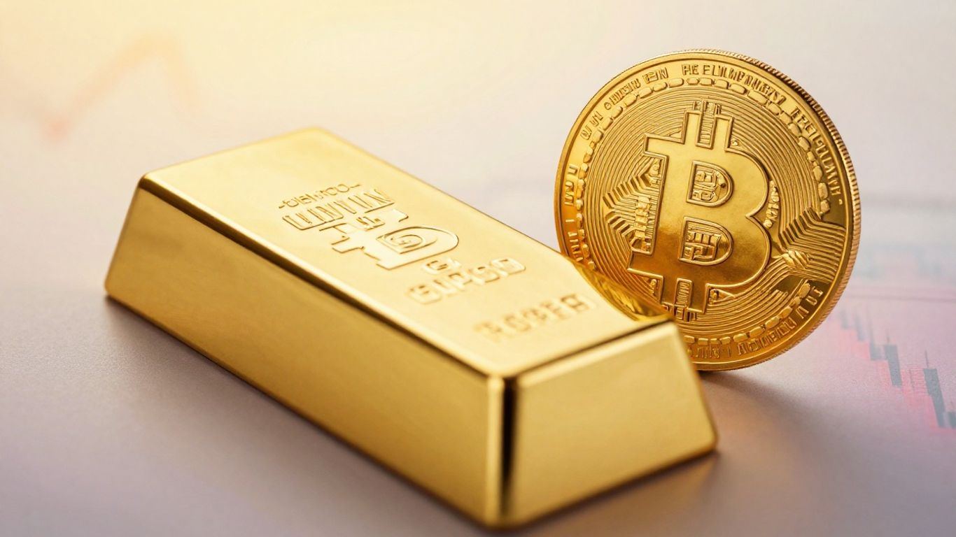 Barre d'or et pièce de bitcoin sur fond abstrait