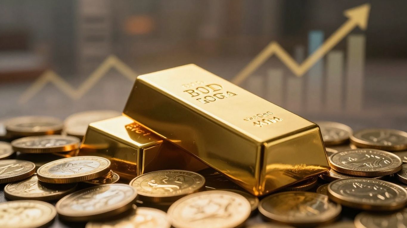 硬币上印有金锭图案，背景是模糊的城市景观。