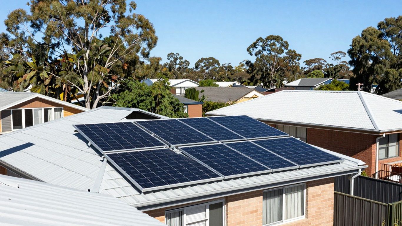 Australian rooftop solar panels in sunlight