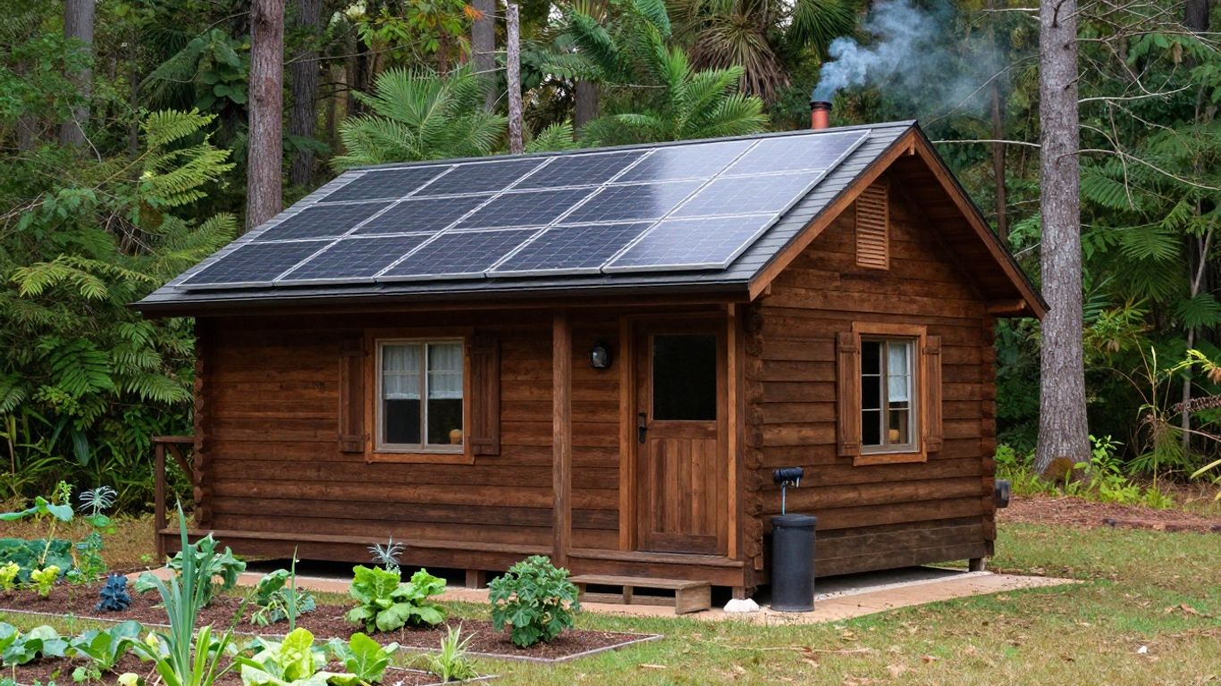 Cabin with solar panels in a South Carolina forest.