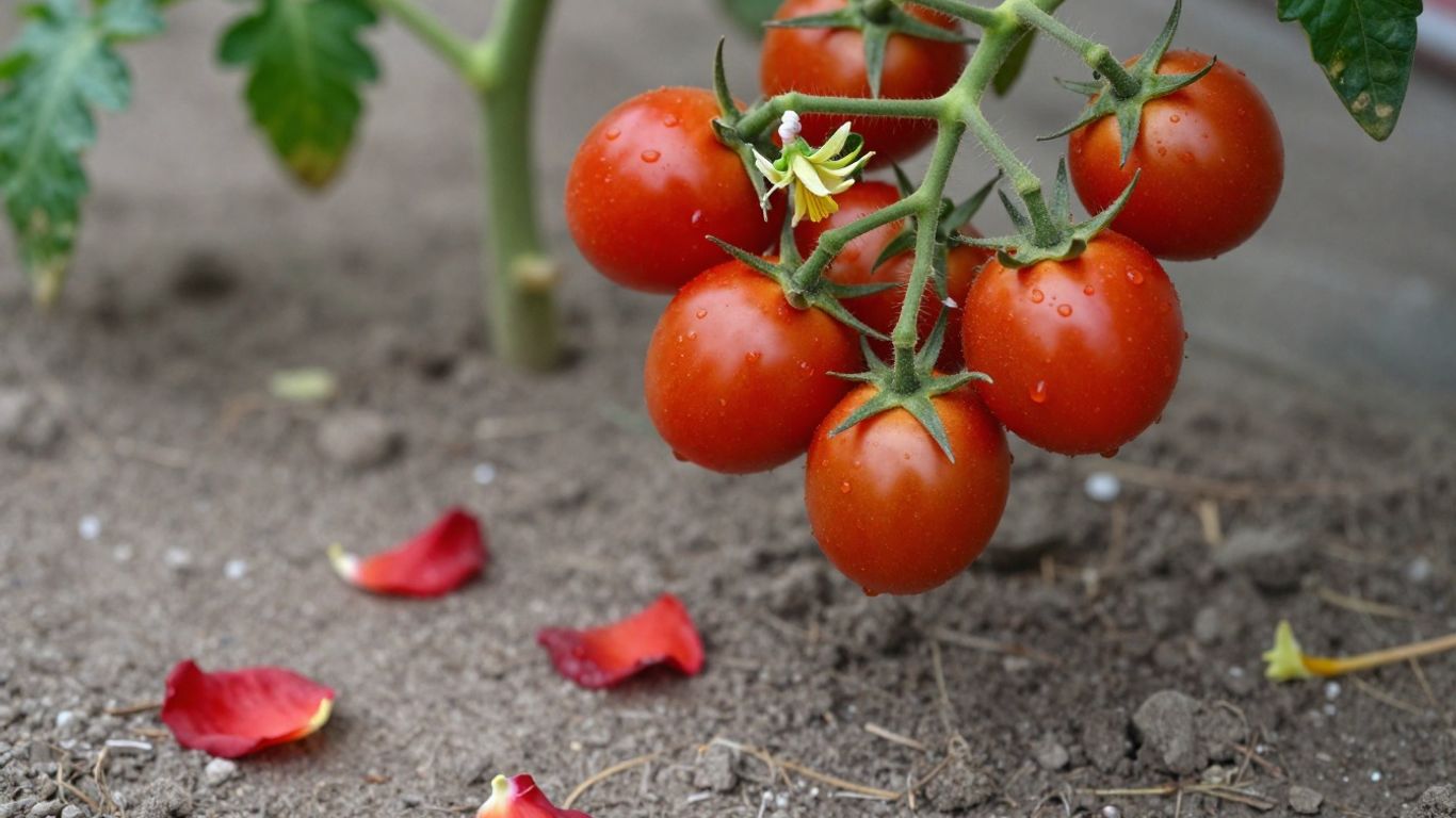 Abgefallene Tomatenblüten auf dem Boden neben der Pflanze.