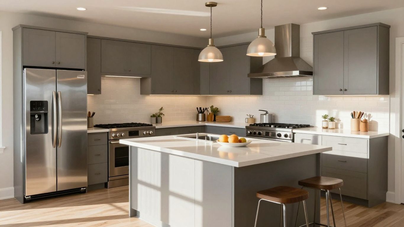Modern kitchen renovation with island and pendant lights.