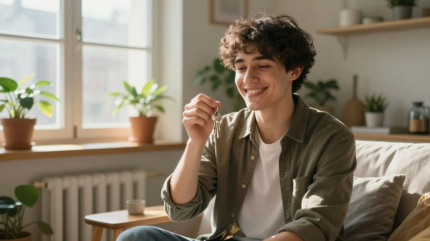 Persona feliz con llaves frente a un apartamento acogedor.