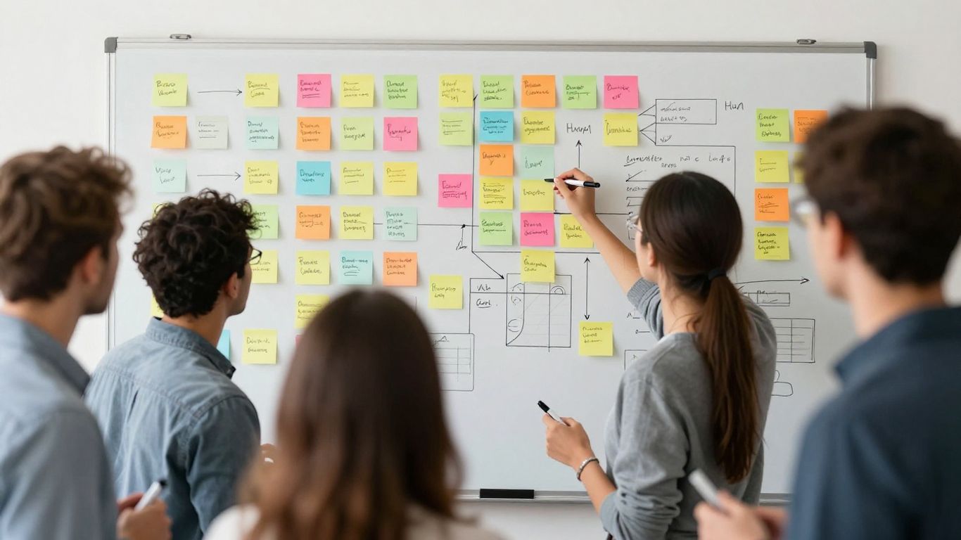 Project timeline ideas. Team brainstorming project timeline ideas with sticky notes.