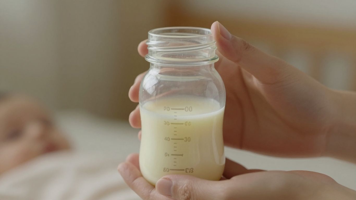 Botella de leche materna en manos cuidadosas.