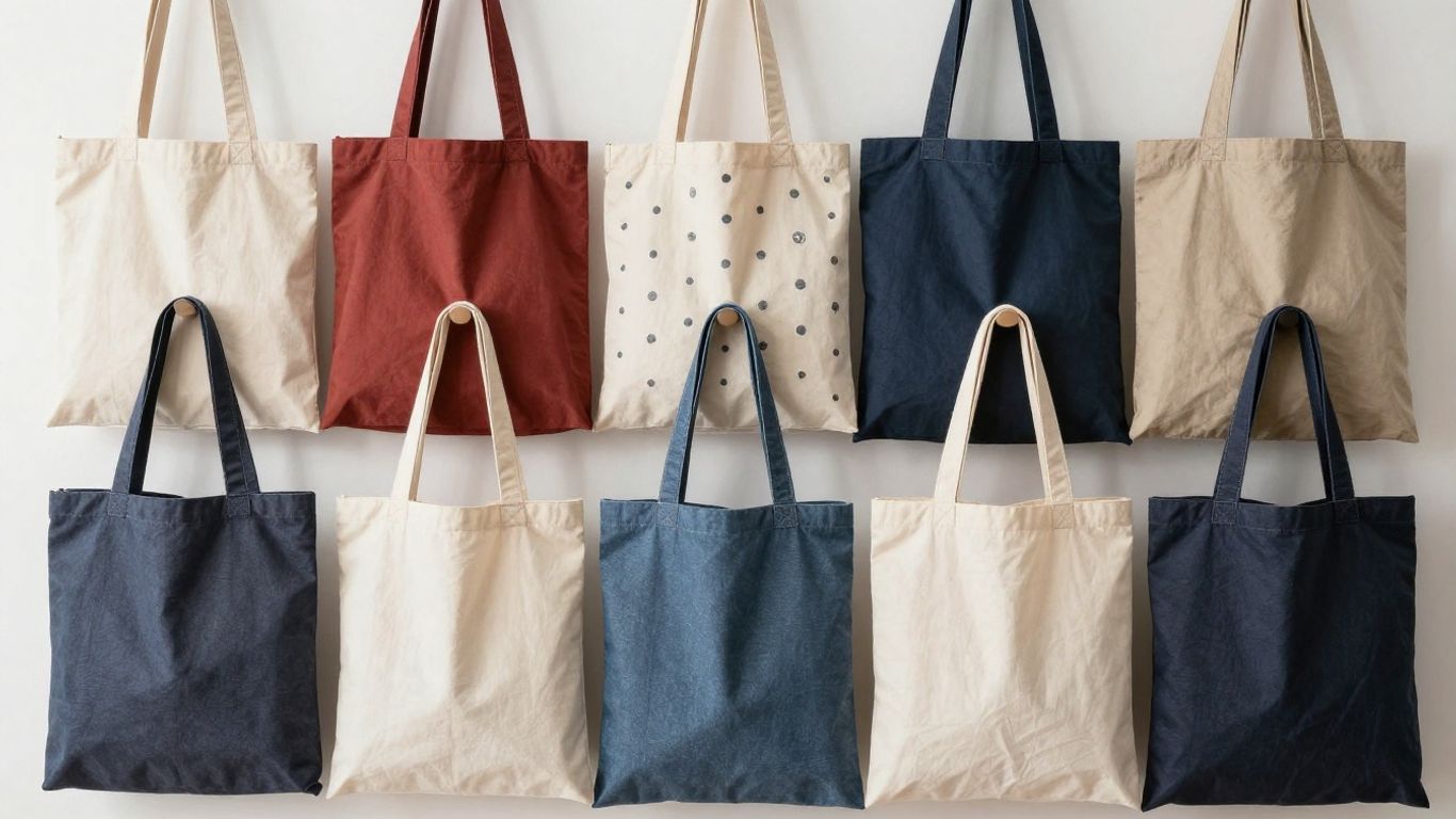 Various tote bags in different styles and colors.